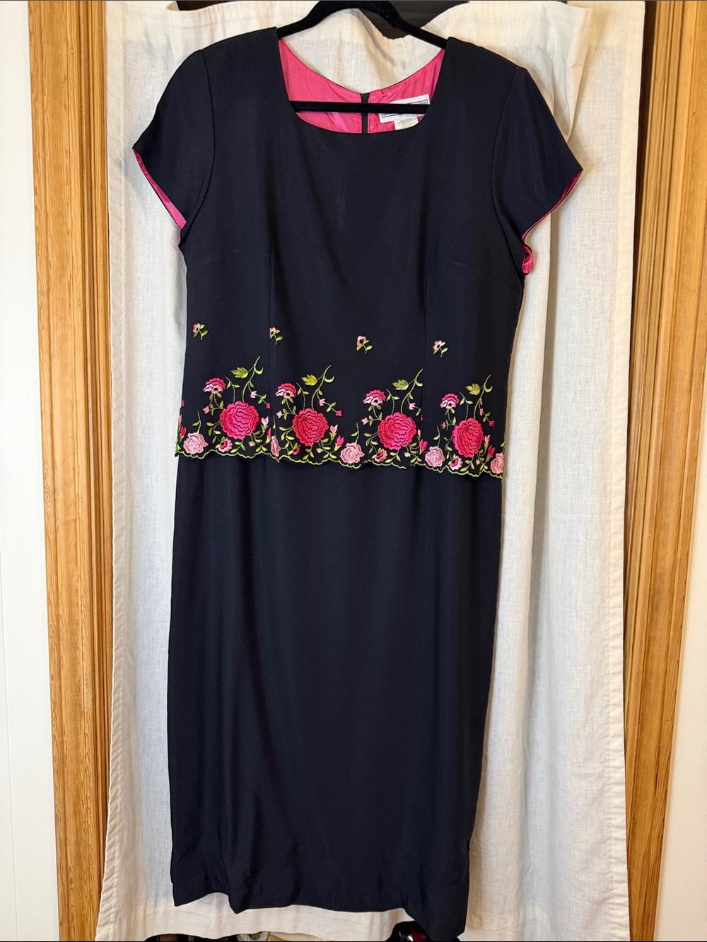 80-90’s Vintage Jessica Howard Black Midi Dress with Hot Pink Floral Embroidery